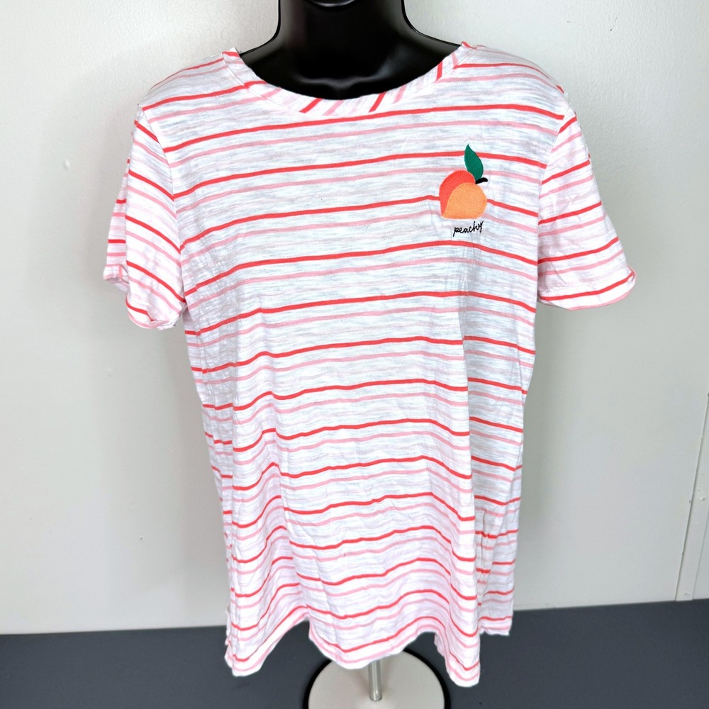 St John's Bay T-Shirt Womens L Peach Graphic Striped Crew Neck Cotton Tee - Picture 1 of 4